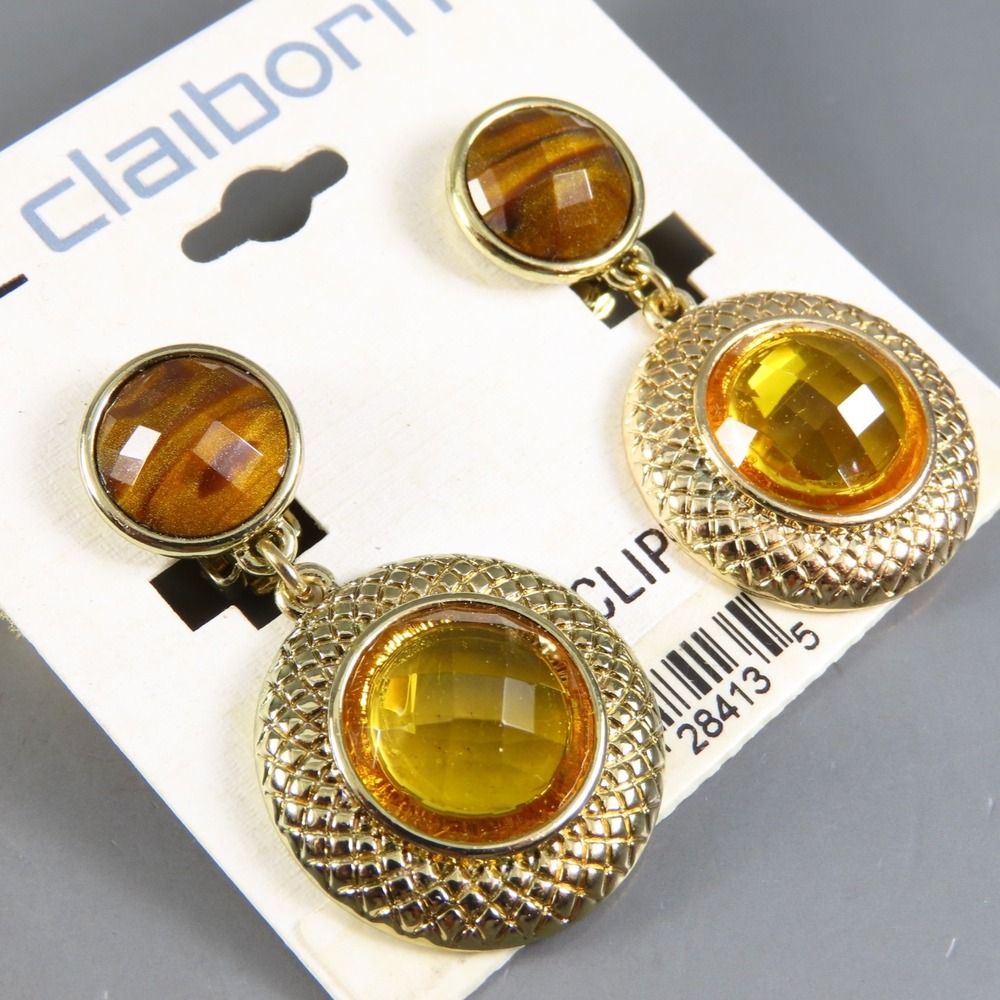 VTG NOS NEW Liz Claiborne Dangle CLIP-ON EARRINGS Brown Tiger's Eye GOLD AMBER